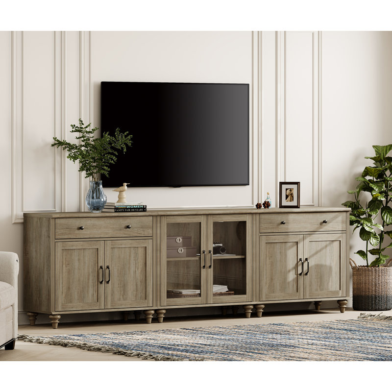 Scarlett TV Stand For TV, 3-In-1 TV Console Table For 85 Inch TV, Entertainment Center With Glass & Wood Door, Grey Wash