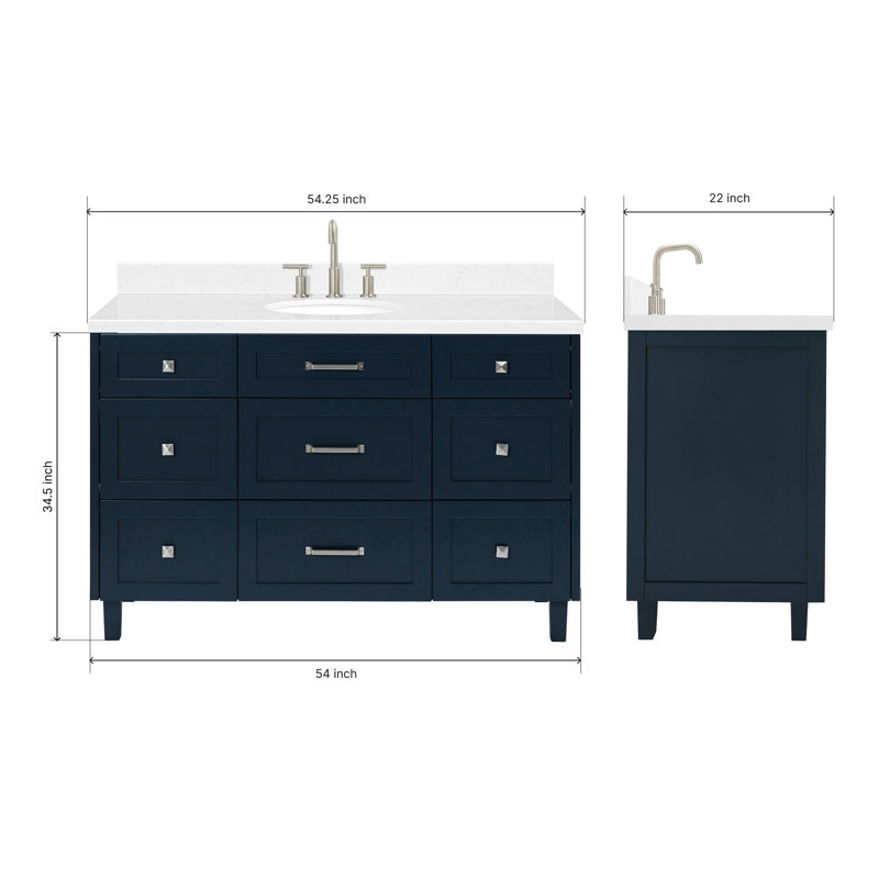 ARIEL Monroe 54 Single Sink Bathroom Vanity with Carrara Quartz Top, Midnight Blue, 54" - 55", Carrara White Quartz