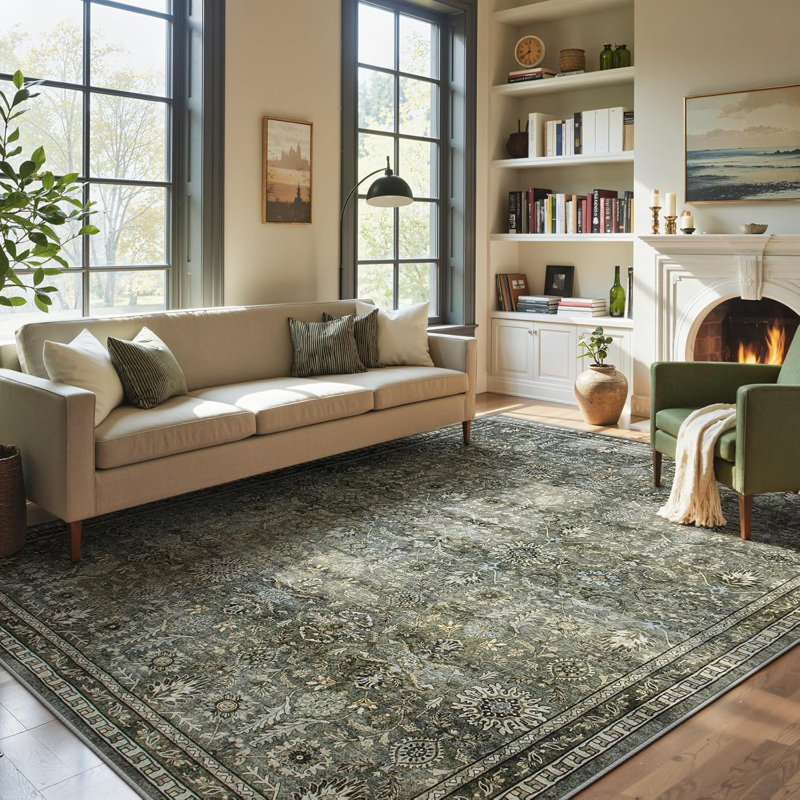 Tapis lavable avec bordure antidérapante à motif floral gris olive, Rectangle de 10 pi x 14 pi