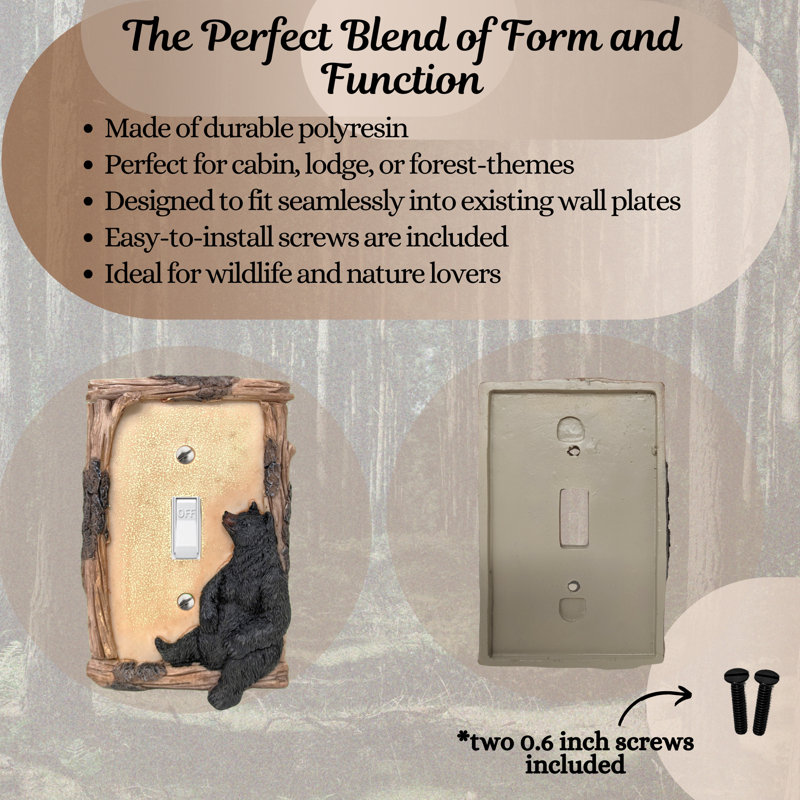 Resin Rustic Single Toggle Switch Cover Black Bear on Logs Design