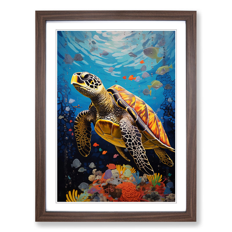Sea Turtle Constructivism - Single Picture Frame Print on Wood, 46cm H x 34cm W x 2cm D, Walnut 