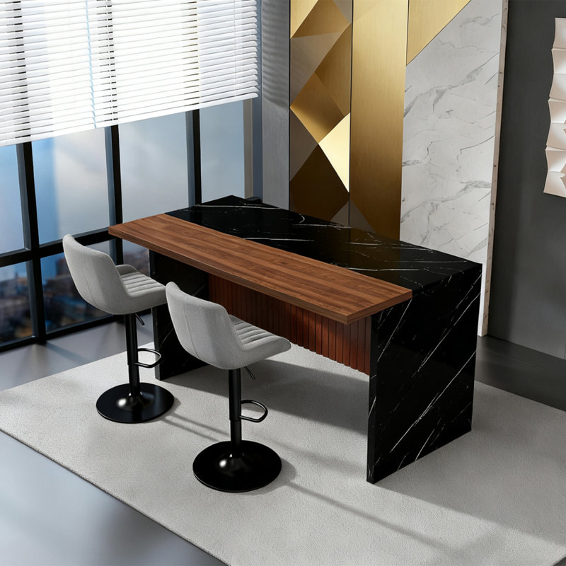 63" Modern Kitchen Island With Marble-Look Surface, LED Lights & Grille Design For Dining Room, Living Room, Black(Island Only)