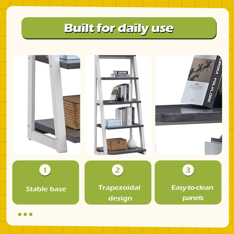 5-Tier Shelves,Bookshelf, Storage Rack, Bookcase With Rubber Wood Frame, White/Gray