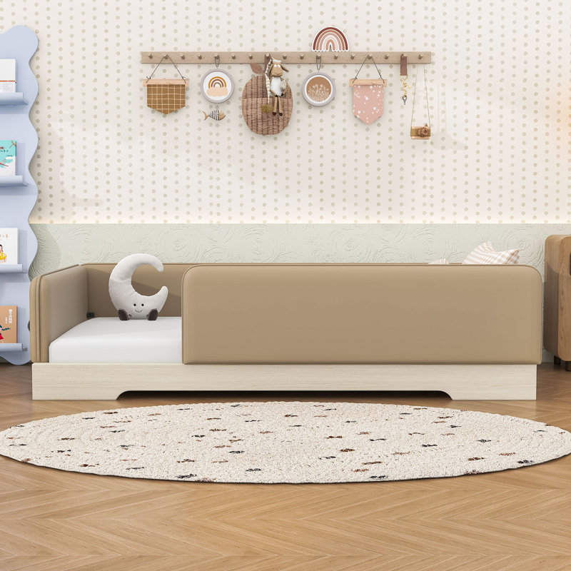 Lit rembourré Montessori avec garde-corps amovibles et lattes robustes, Lit simple, Brun