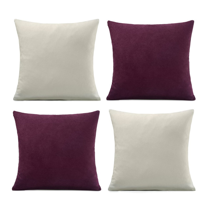 Nalaiyah Velvet Chenille Cushion Covers with Filler Pads, Cream/Aubergine