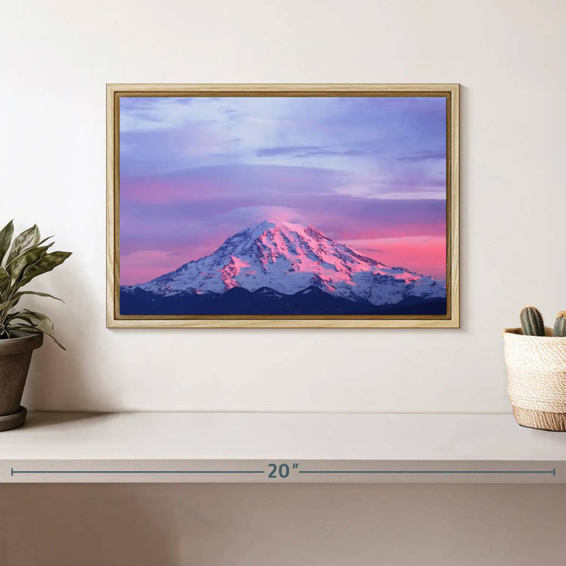 Mont Rainier, coucher de soleil rose, Cadre flottant en bois naturel, 13 po x 9 po