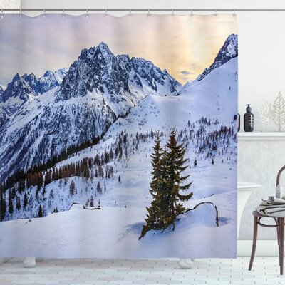 Farm House Landscape of Snowy Mountain at Sunset Pine Trees Tranquil in Winter Theme Shower Curtain Set -  Ambesonne, sc_20416_extralong