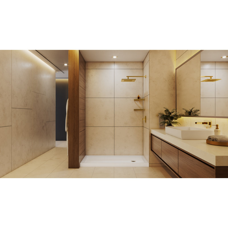 DreamLine SlimLine 30 inch D x 60 inch W x 2 3/4 inch H Single Threshold White Alcove Shower Base with 2 inch Polished Brass Right Round Drain