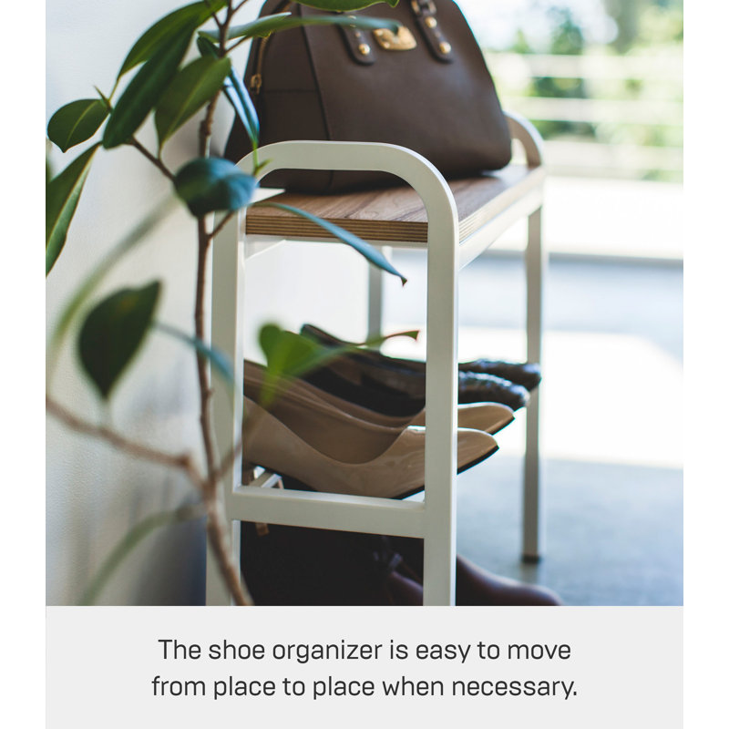 White Steel and Wood Entryway Shoe Organizer Bench with Storage