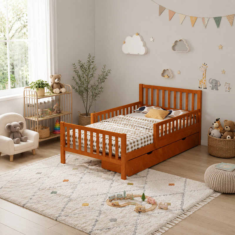 Lit plateforme simple en bois avec garde-corps double et 2 tiroirs de rangement, noyer, Twin, Brown