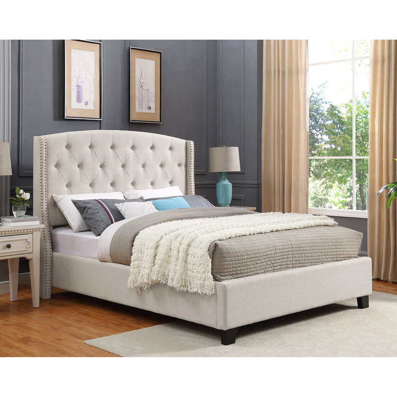 Lit douillet rembourré en tissu doux, beige, lit Haven