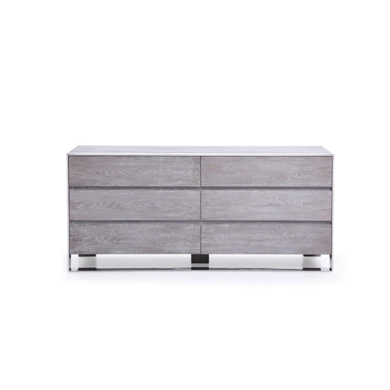 Commode 6 tiroirs avec base en métal et pieds en bloc, gris