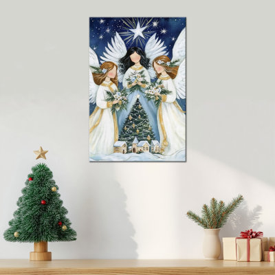 Anges de Noël, art mural sur toile, scène d'hiver, reproduction d'art, affiche de paysage de sapin de Noël rétro pour la maison, salon, chambre à coucher, bureau, 12 po x 18 po