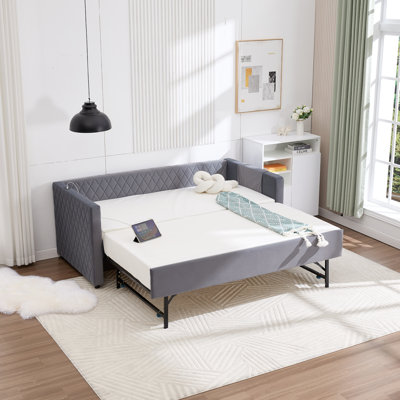 Lit de jour en velours bleu marine, structure de lit en bois robuste, conception coulissante en grille de diamant moderne, parfaite pour les meubles de chambre à coucher et de salon