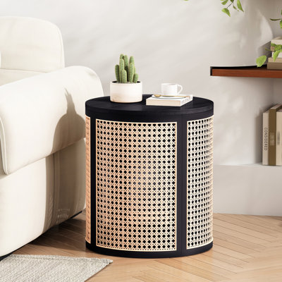 Bureau à thé rond tissé de 15,7 po, noir, plateau en bois d'hévéa, hauteur de 17,8 po, table de bout facile à assembler, petite table de chevet, idéale pour les boissons