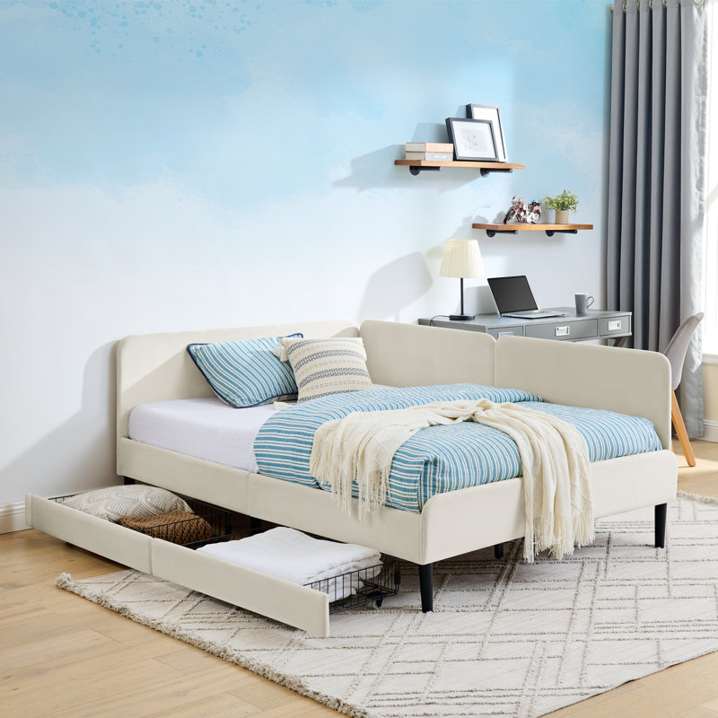 Full Size Upholstered Platform Bed Frame with 2 Storage Drawers, Beige, Full/Double