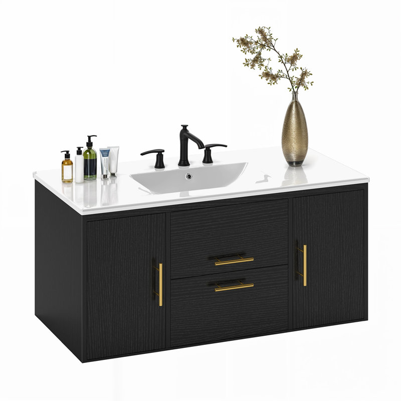 Armoire de meuble-lavabo mural avec lavabo en céramique, 36", Noir