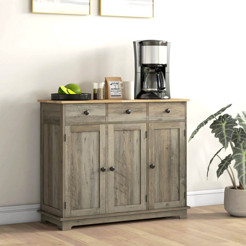 Buffet avec comptoir en bois massif, armoire de rangement de cuisine moderne, armoire à café avec 3 tiroirs, portes et tablette réglable