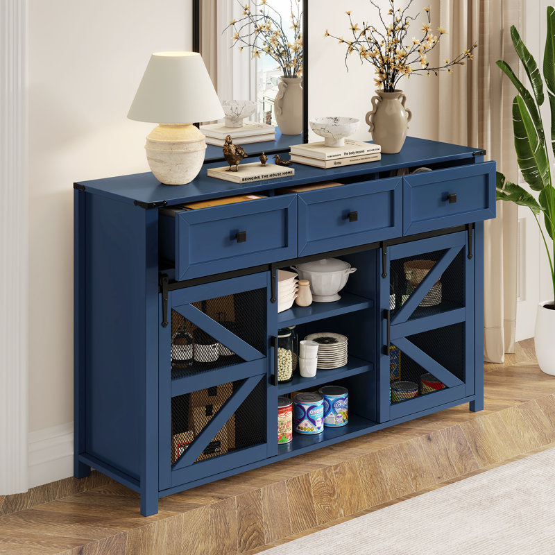 Buffet 55 po avec 3 tiroirs, tablettes réglables et rangement industriel, Marine