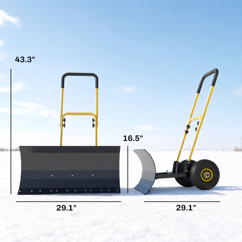 Pelle à neige avec roues, poussoir à neige en métal robuste 29 po x 16,5 po avec poignée réglable à 5 niveaux, lame à 5 angles et poignée antidérapante, pour entrée, trottoirs, jardin, terrasse, jaune