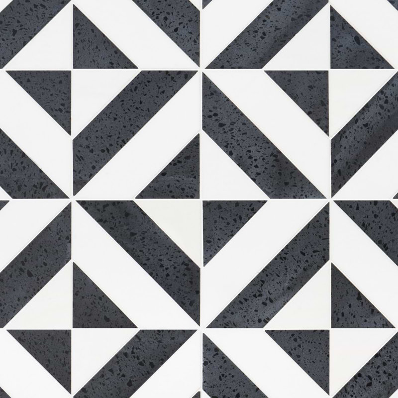 Cleopatra 12x12 Diagonal Polished Encaustic Look Marble Mosaic Tile, Diagonal Pepper Black