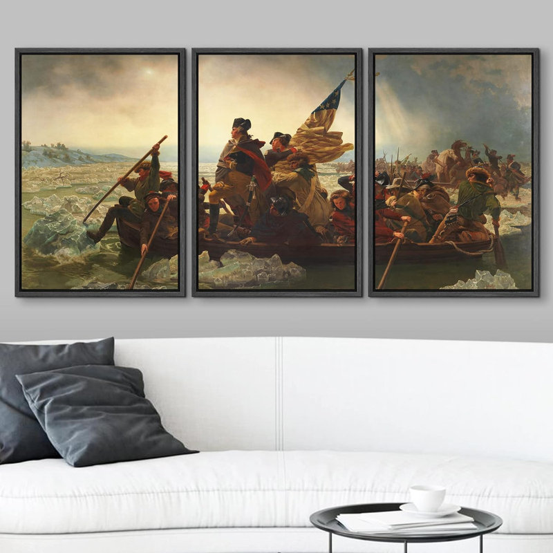 Washington Crossing The Delaware 3 pièces par Emanuel Leutze, Cadre en plastique noir, H 24 po x l 16 po x P 1,5 po