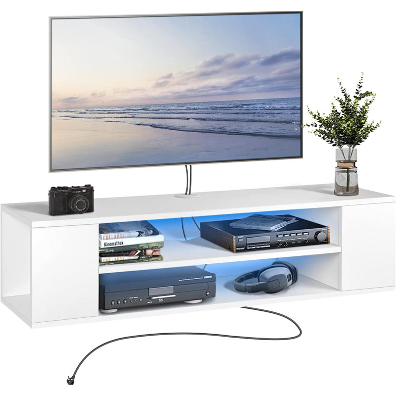 Meuble télé flottant avec rangement, console multimédia murale, conception à 2 niveaux avec gestion des câbles et dissipation de la chaleur