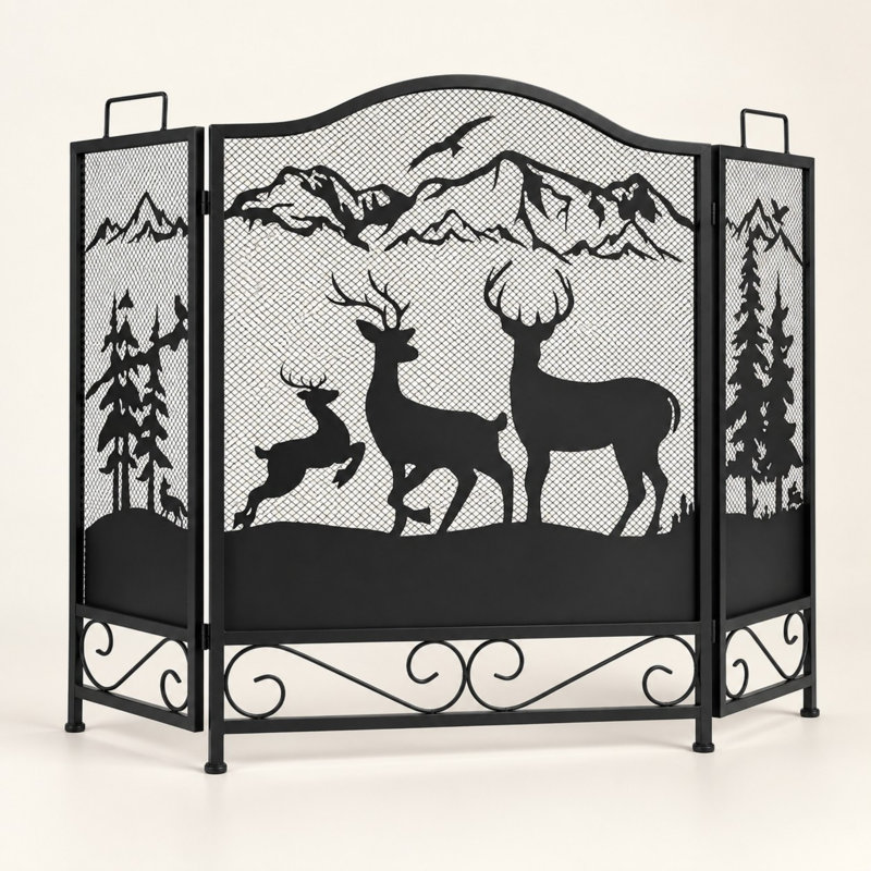 Pare-feu en fer forgé à 3 panneaux de 48 pouces avec motif de cerf et panneaux en maille pliables