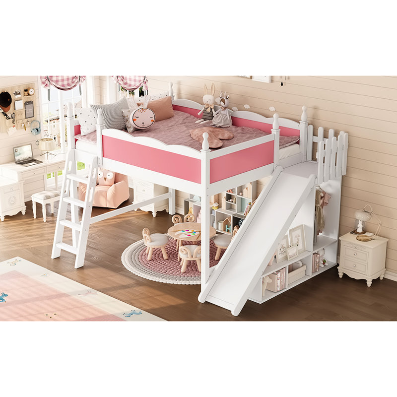 Grand lit mezzanine avec tablettes de rangement, garde-robe, glissade amovible et pin, blanc rose, mobilier de chambre à coucher facile à installer