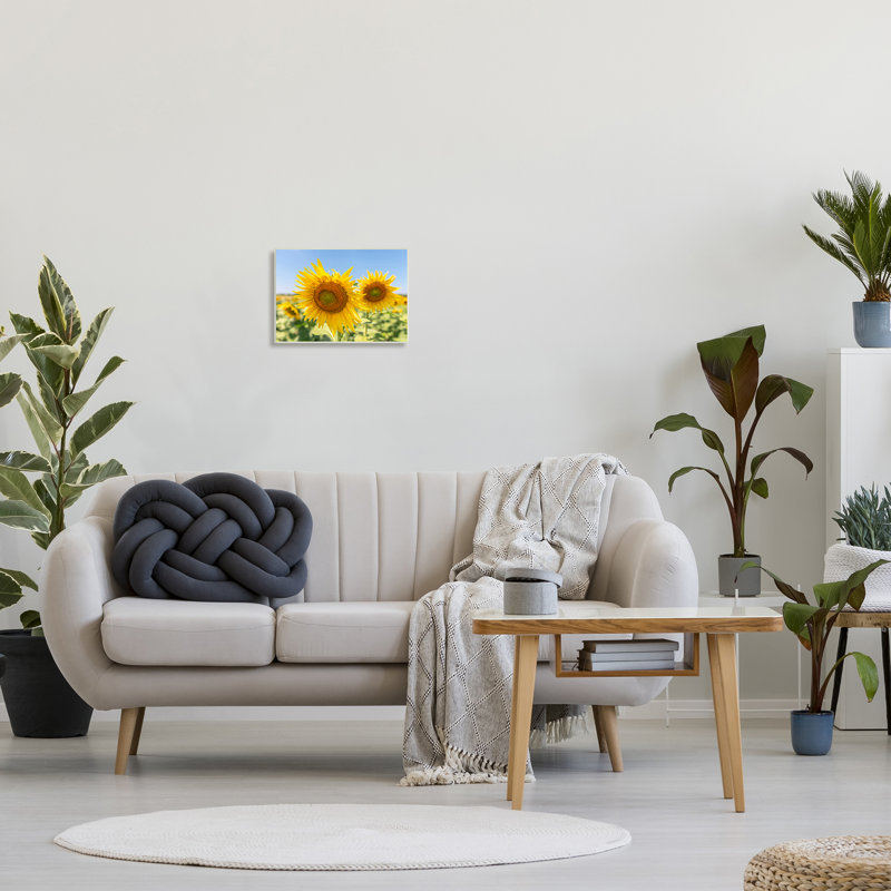 «Sunflower Florals In Sunny Blue Farm Field», art mural par Richard Silver, H 10 po x l 15 po x P 0,5 po, Bois