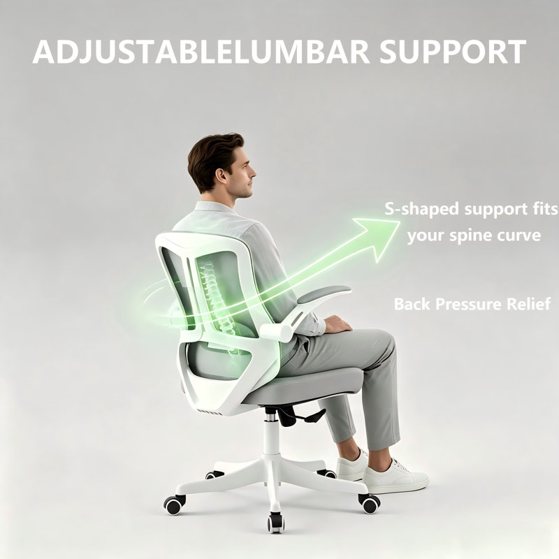 Office Chair, Ergonomic Comfort Home Desk Chair, Mid Back Gaming Chair with Wheels, Adjustable Height, Lumbar Support, Flip-up Armrest