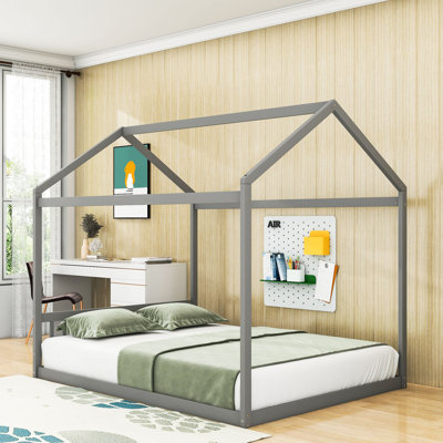 Queen Size Wooden House-Shaped Bed With Durable Slats