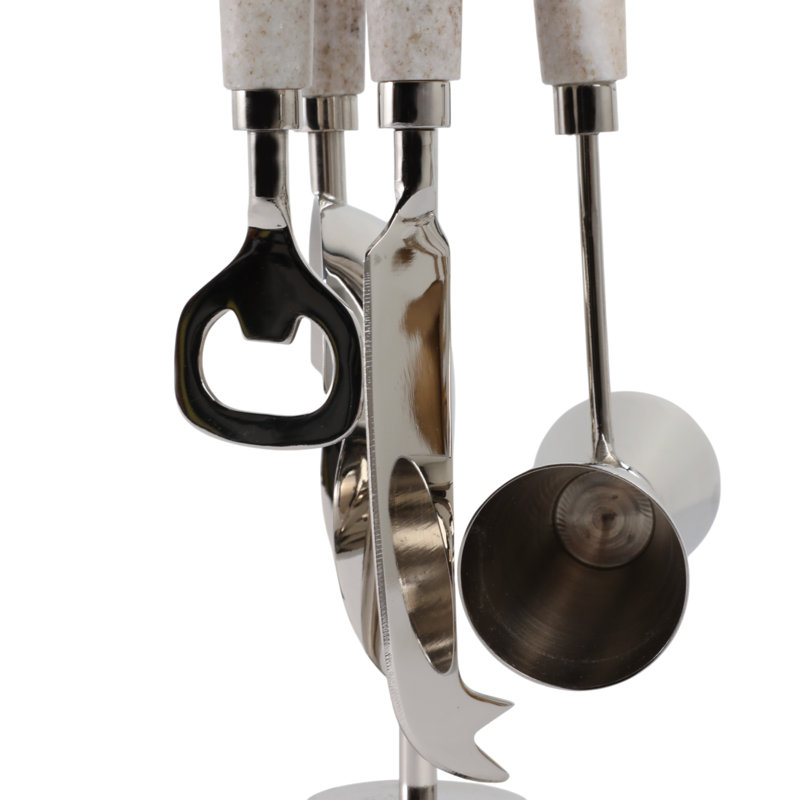 Ensemble d'outils de bar décoratifs avec support pour la décoration intérieure - Accessoires élégants de bar à cocktail pour la salle à manger ou le comptoir de cuisine - Ensemble de 5, 13 po, argent