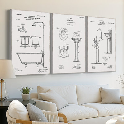 Vintage Bath II  -Custom Wrapped Gallery Canvas - 3 Pieces