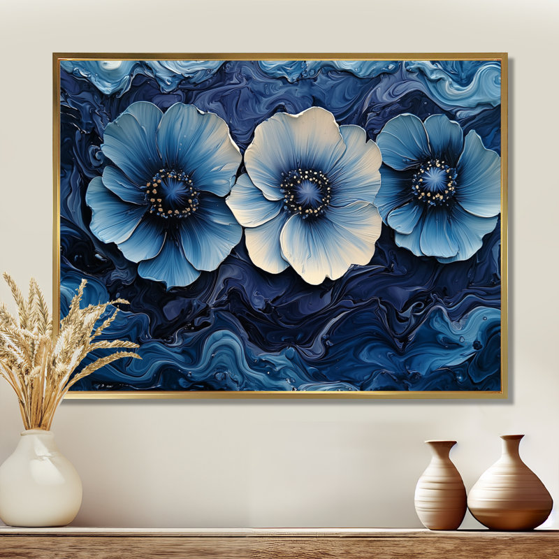 «Aqua Blue Poppies Dreamscape At Night I», art mural coquelicots, H 24 po x l 32 po, Cadre flottant doré