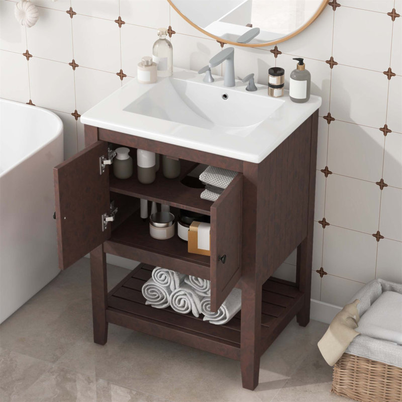 Meuble-lavabo moderne élégant de 24 po avec lavabo en céramique élégant et tablette ouverte en bois massif, Brun