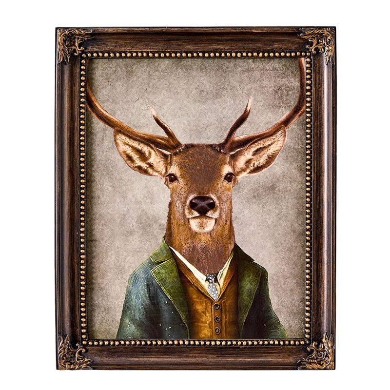 Deer in Suit Portrait Bronze Ornate Framed Wall Art, Vintage Gentlemen's Bar Theme Decor - 17" x 13.75"
