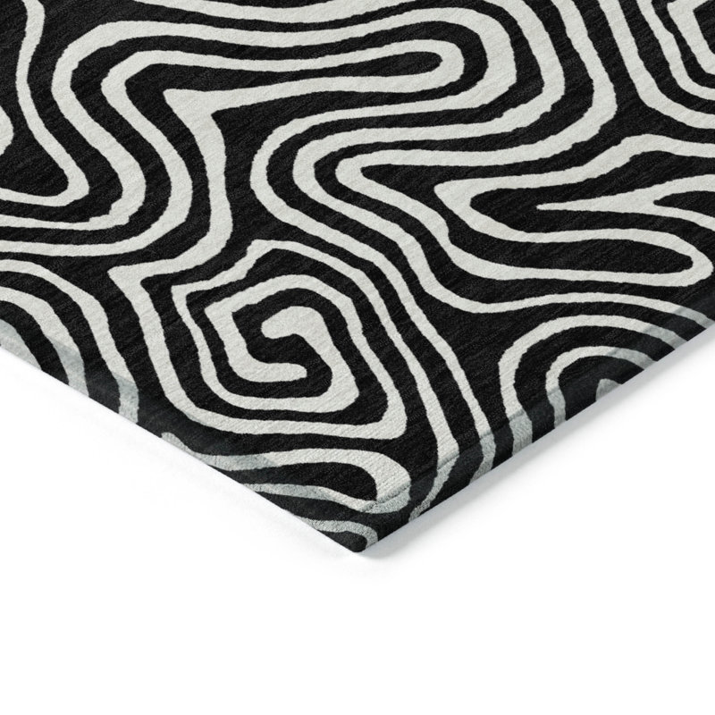 Black and White Flat Woven Synthetic Rectangular Rug
