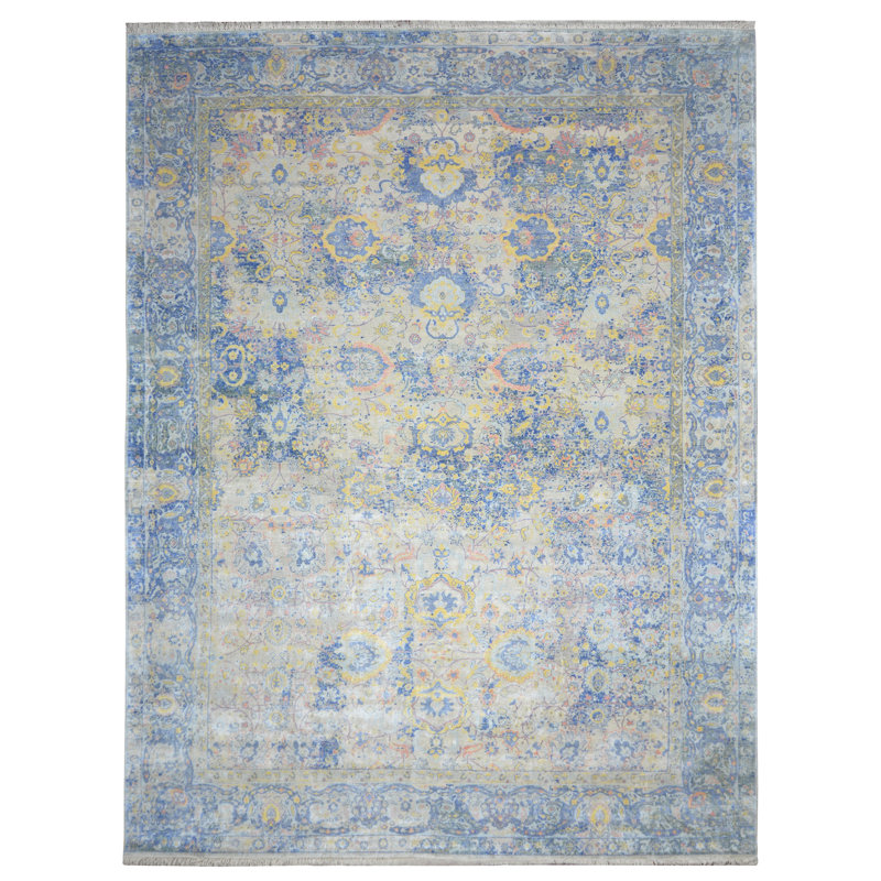 Hand Knotted Abstract Area Rug in Blue/Yellow/Ivory, Rectangle 9' x 12'