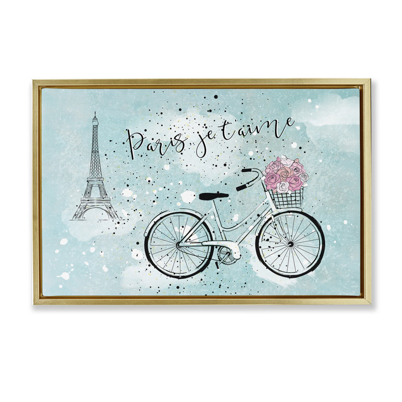 Love Paris Bicycle Black Framed Floater Canvas by Martina Pavlova, Cadre flottant métallique doré, H 21 po x l 31 po