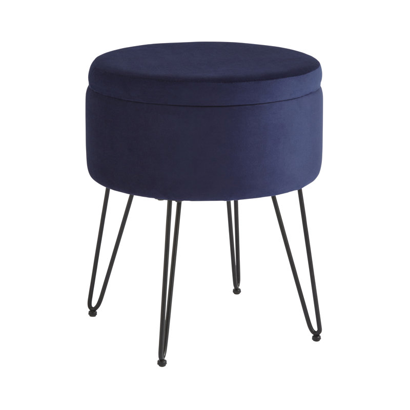 Tamicka 38cm Wide Velvet Round No Pattern Pouffe Ottoman with Storage, Blue