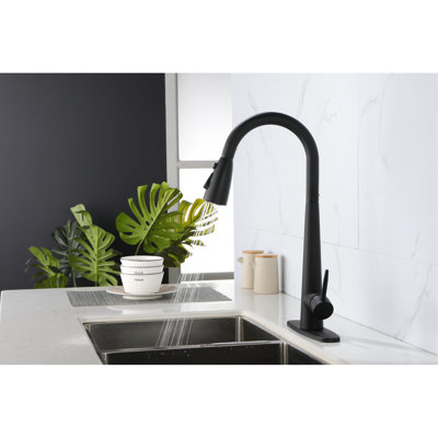 Pull Down Single Handle Kitchen Sink Faucet In Stainless Steel, Matte Black Hue, 360 Rotating High - Arc Nozzle, Three Water Output Forms  Stream, Spray,  , Simple Temperature And Flow Control, Rust
