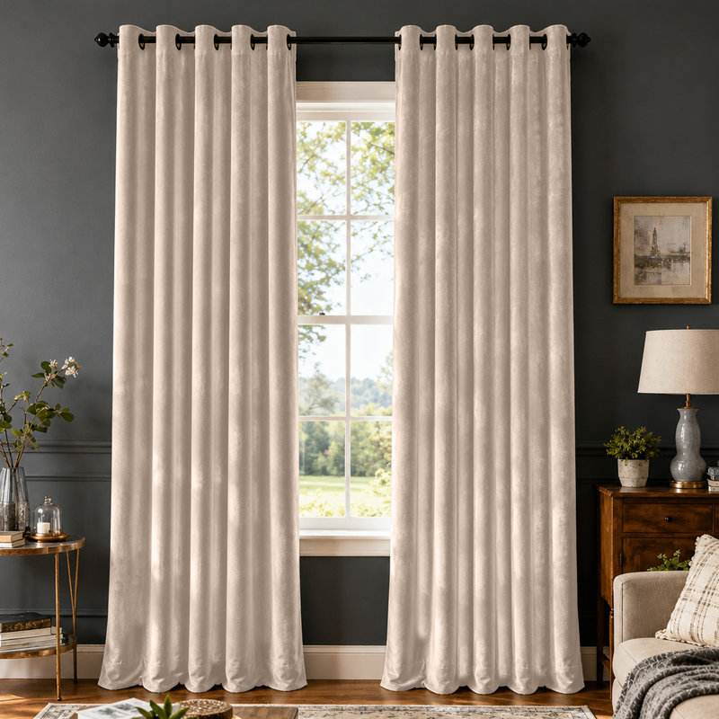 Crushed Velvet Eyelet Window Curtains, Beige, 168cm Width x 183cm Drop