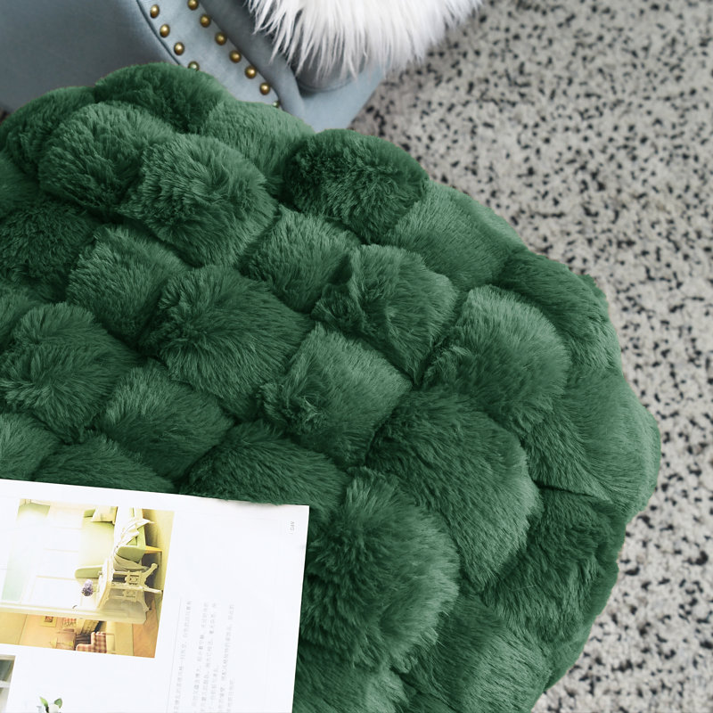 Deya Upholstered Ottoman, Dark Green Faux Fur