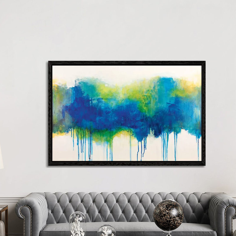 Picnic At Rivers Edge by Jude Remedios - Painting on Canvas, 101.6cm H x 152.4cm W x 3.81cm D, Black Framed