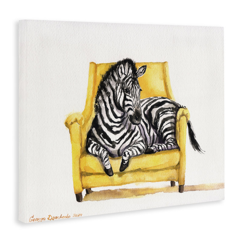 Mignon zèbre sur toile jaune, par George Dyachenko, H 24 po x l 30 po