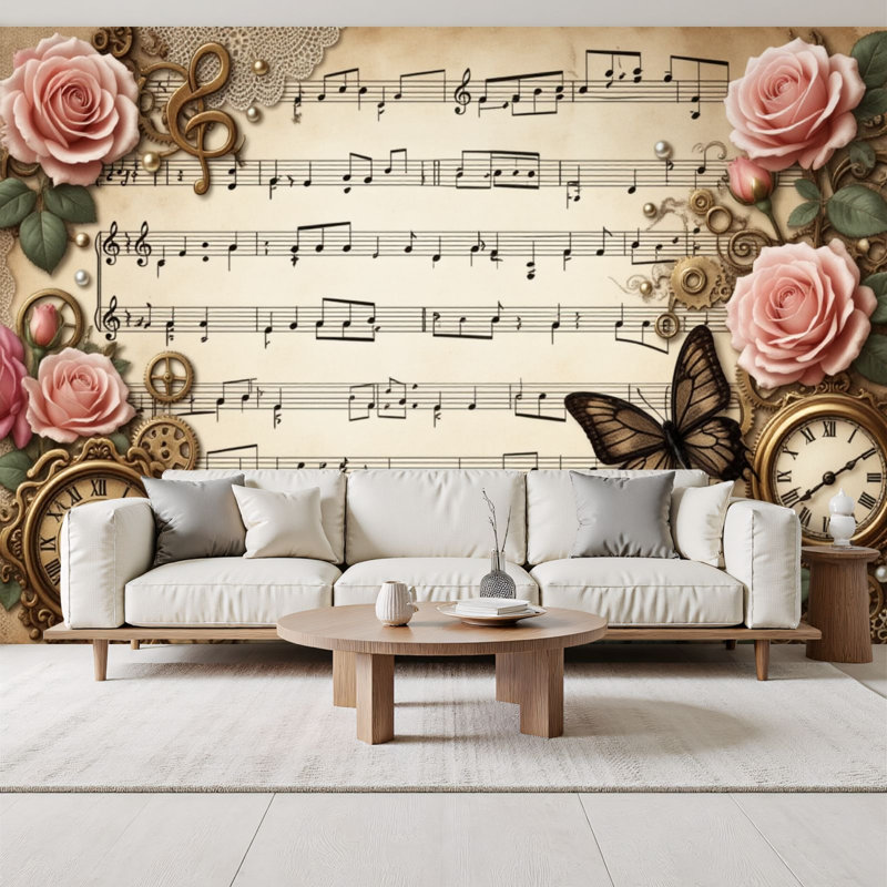 Papier peint à peler et à coller rétro avec feuilles et roses, horloge, papillons, décorations murales Steampunk, H 69 po x l 96 po, papier peint amovible, adhésif mural pour chambre à coucher, bureau à domicile