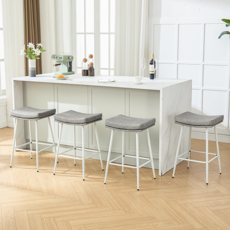 Tabouret de bar 26 po en similicuir rembourré sans dossier avec structure en métal, 4, Gris