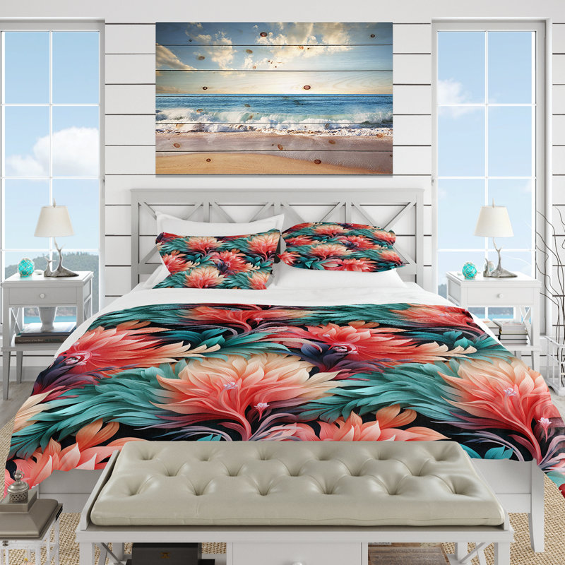 Coral Illusion Tropical Pattern V - Ensemble de housse de couette tropical, Housse de couette simple + 1 taie décorative stan