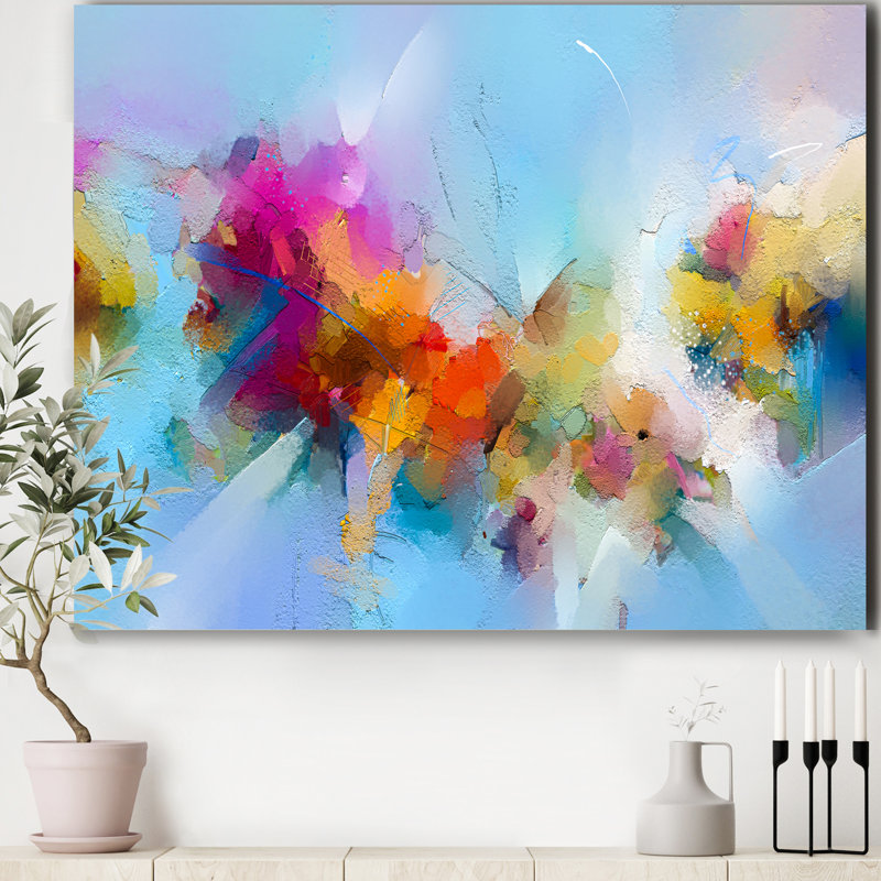 Mauve, jaune et bleu abstrait, composition de fleurs II - reproduction d'art sur toile, H 24 po x l 32 po x P 1 po
